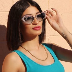 True Love Heart Sunglasses Encrusted with Multi-Color Rhinestones on Blue Lens